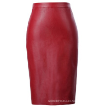 Kate Kasin Mujer de cuero sintético de espalda dividida Hips-envuelto rojo lápiz falda KK000601-2
